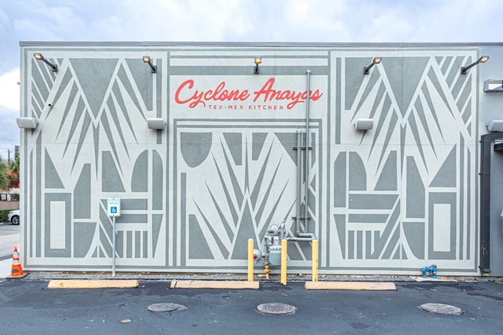 The boldly painted graphic exterior of Cyclone Anaya's River Oaks on Westheimer Road leaves an impression. (Photo by Jenn Duncan)