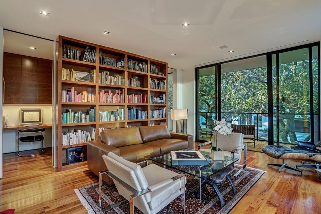 A full library on the second floor of the home.