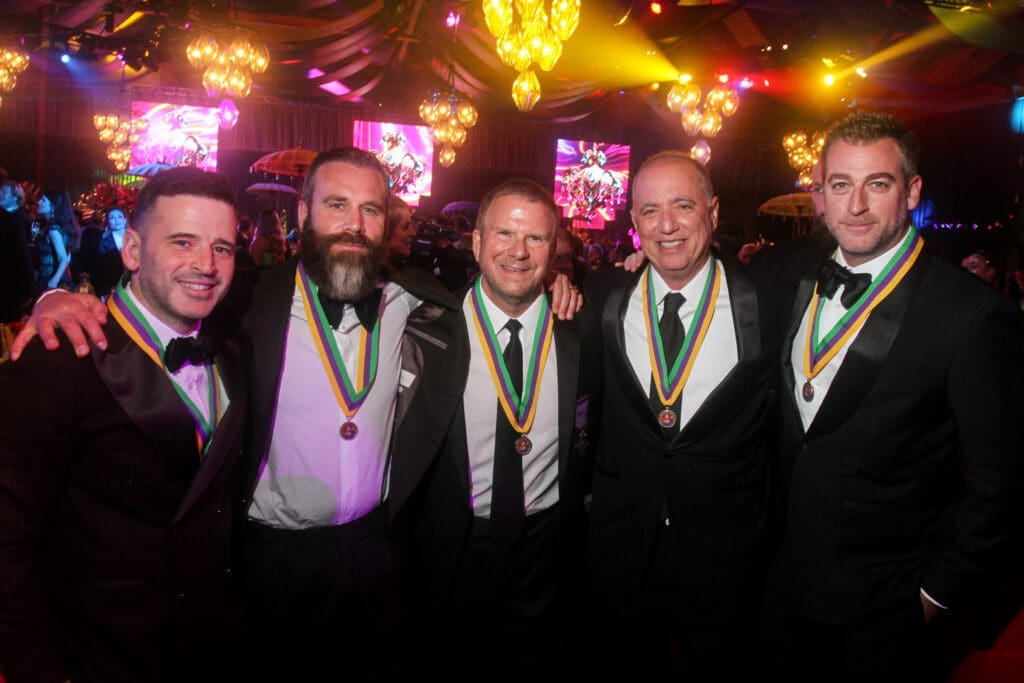 Eugene Remm, Doug Jacob, Tilman Fertitta, Richard Handler, Mark Birnbaum at the San Luis Salute in Galveston (Photo by Gary Fountain)