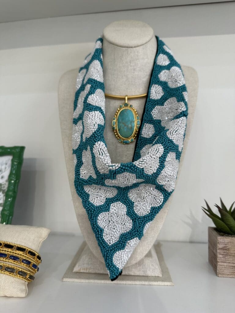 Beaded accessories add depth to the collections as Christina Greene.