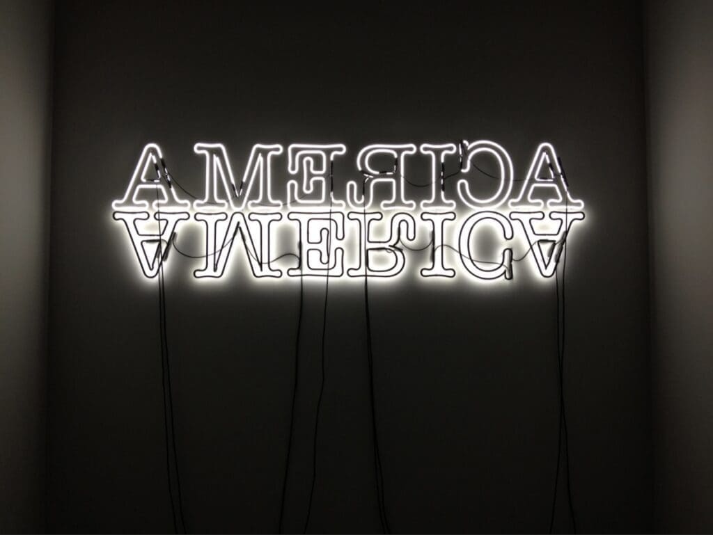 Artist Glenn Ligon's "Double America," 2012. Pioneering Greek luminist sculpture artist Chryssa paved the way for artists like Ligon, who has also become known for neon artworks. (Courtesy Luhring Augustine Gallery, New York City)