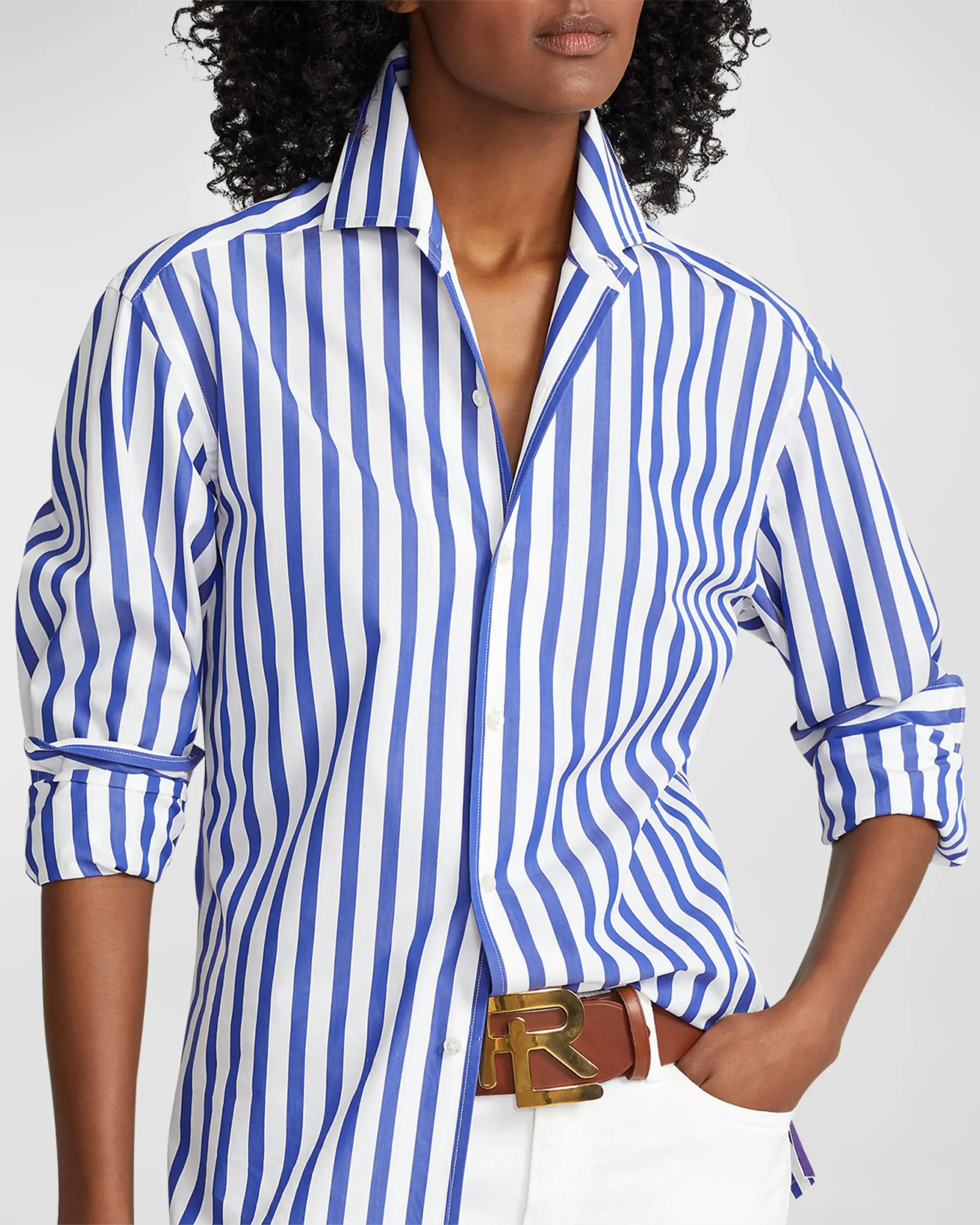 Preppy – Capri striped blouse by Ralph Lauren is both nautical and crisp, collar up or down