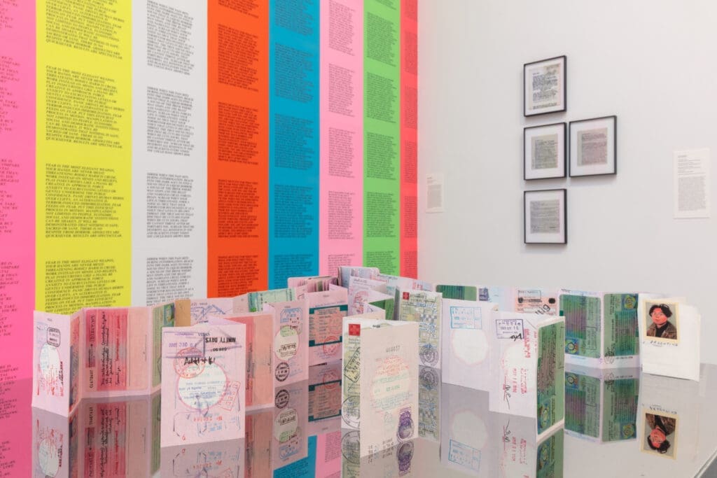 "For What It’s Worth: Value Systems in Art since 1960," The Warehouse, Dallas, installation view with work by Jenny Holzer, Rirkrit Tiravanija, and Lee Lozano (4 works), on view through June 29, 2024 (Photo by Kevin Todora)