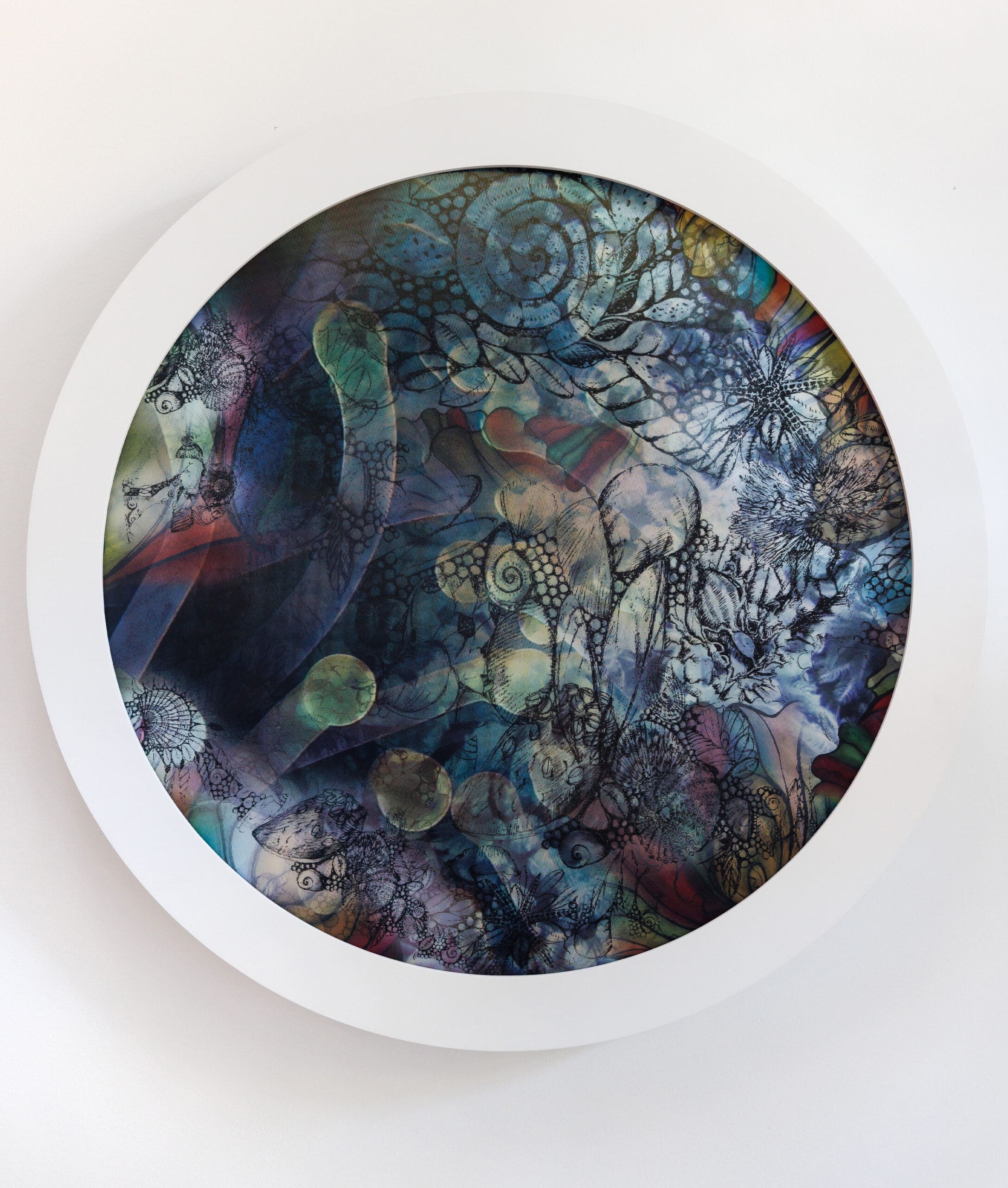 Blue, Yellow Indian sea anemone, soft coral red sea, tidal tondos series- janavi Mahimtura Folmsbee – center