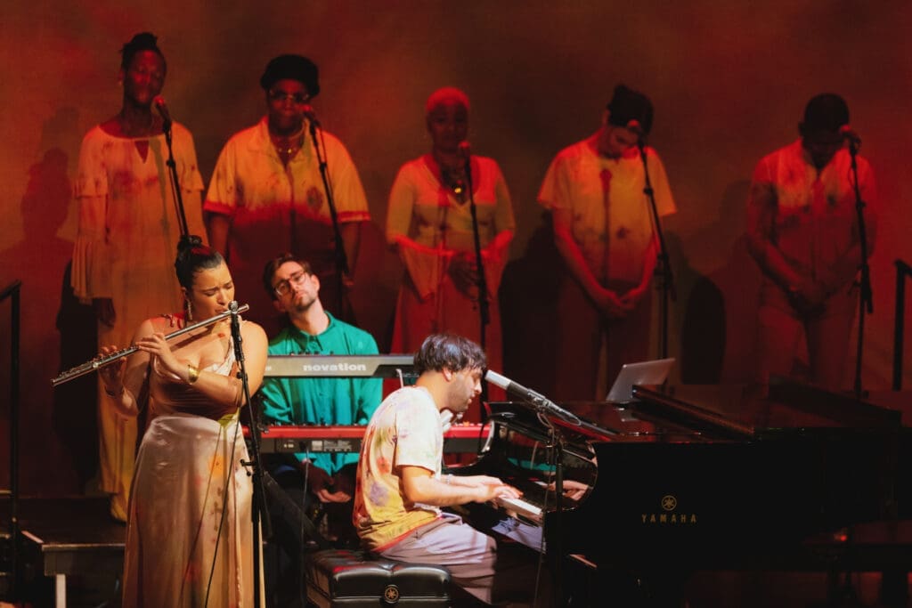 From left: Elena Pinderhughes plays flute while her brother Samora Pinderhughes plays piano during his debut performance, "The Healing Project," at Carnegie Hall in New York City February 10, 2023. (Courtesy Samora Pinderhughes and Carnegie Hall, New York City)