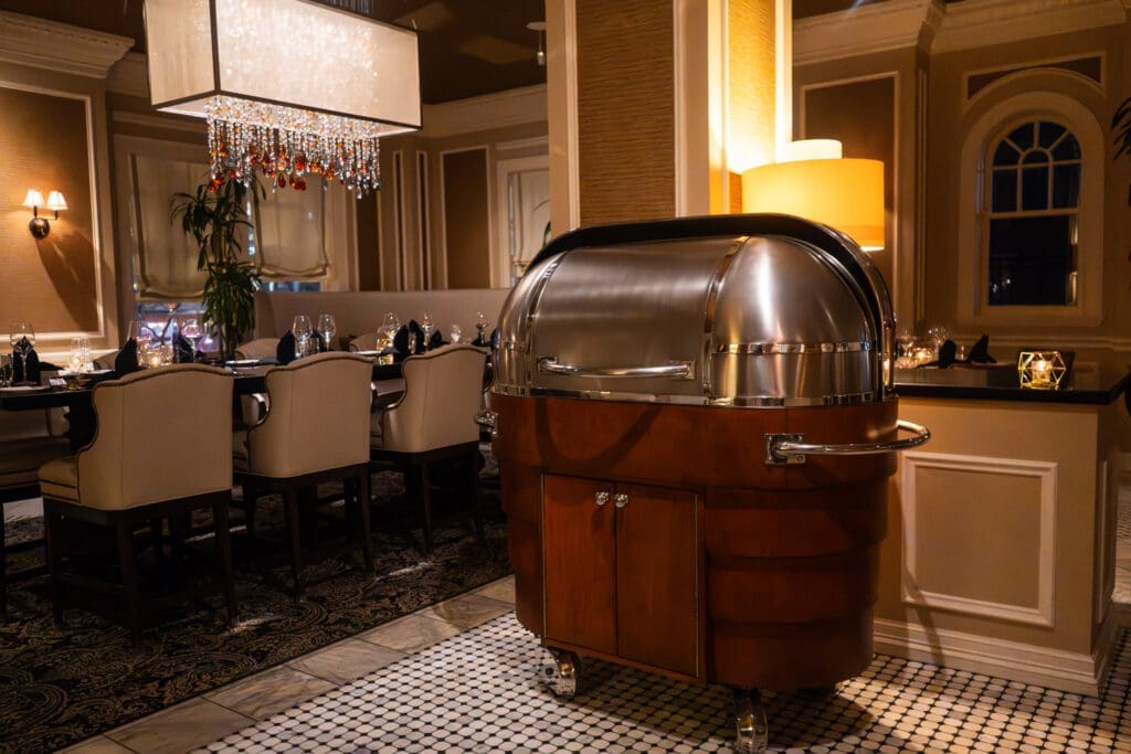 The Landmark Prime Rib's 1940s carving cart is a centerpiece in the dining room. (Courtesy)