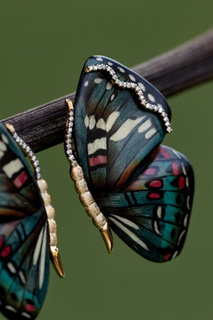 Marquetry butterfly earrings with diamonds.