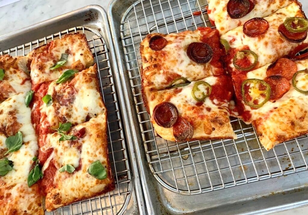Detroit style deep dish is a rare pizza style in Fort Worth and Gemelle has mastered it.