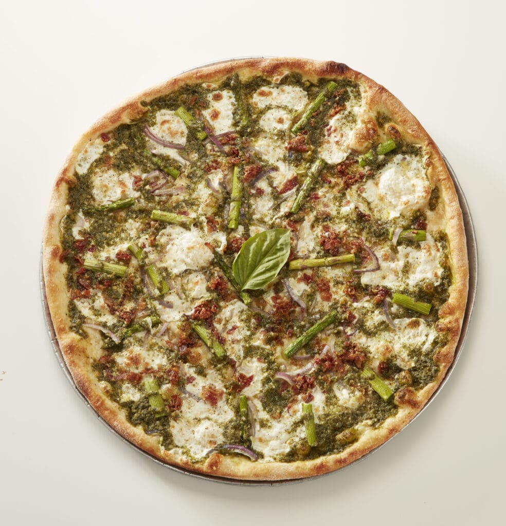 Grimaldi's bacon and asparagus with hot honey pizza is a Brooklyn-style beauty.