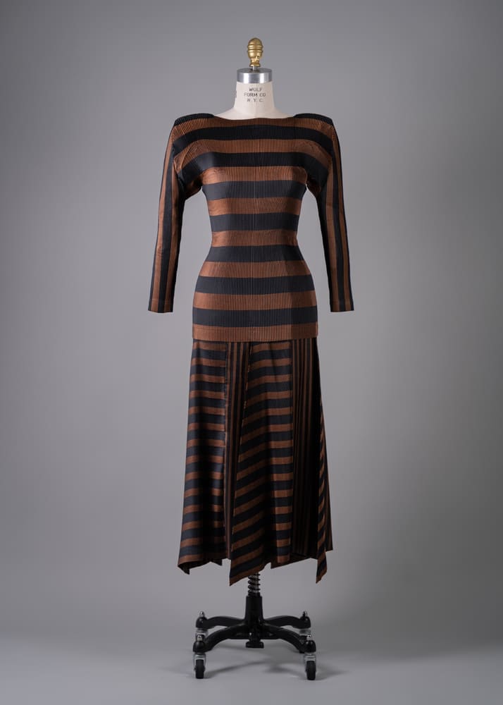 Issey Miyake's brown and black striped polyester skirt ensemble (Photo by Shane Quereshi)