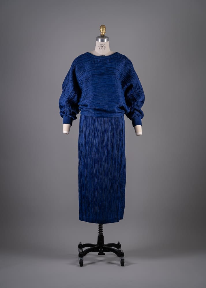 Issey Miyake's indigo blue silk cotton plisse skirt set, circa 1985 (Photo by Shane Quereshi)