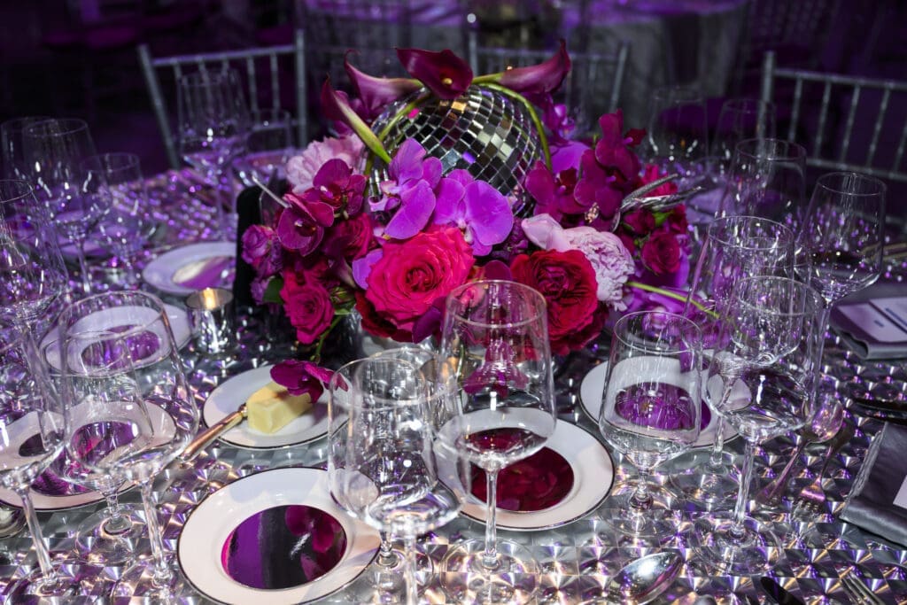 Colorful tabletops at the Houston Grand Opera 'Mirror Ball'  (Photo by Michelle Watson, Catchlightgroup.com)
