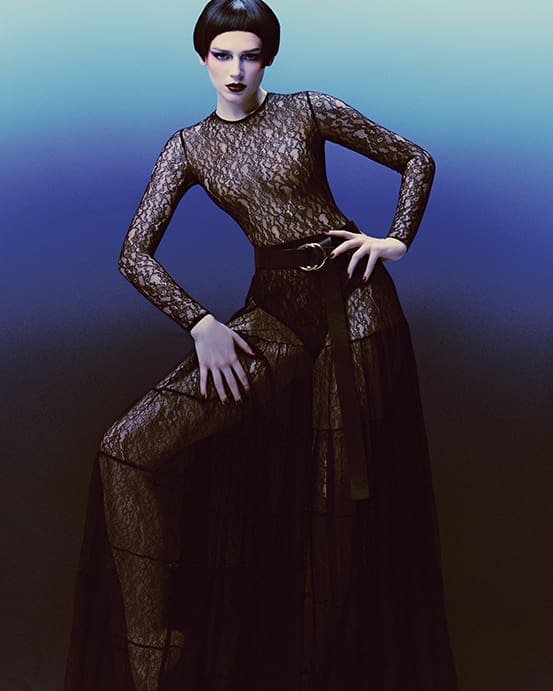 Michael Kors Collection crewneck bodysuit $890, ruffle five-tiered skirt $2,690, knit brief $390, Jackie double ring belt $490, and T-strap sandal $690 at Neiman Marcus. 