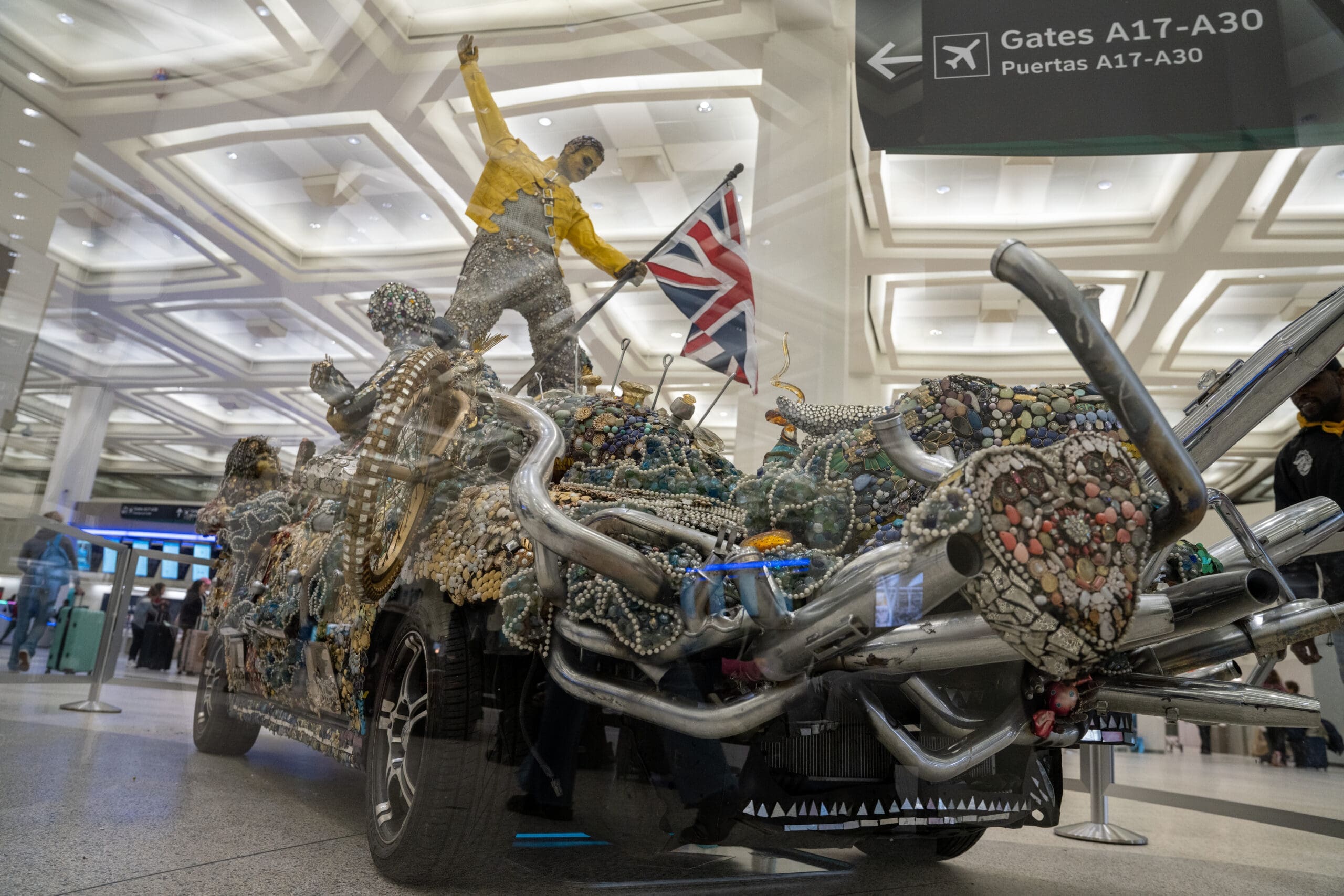Rebecca Bass and Houston’s Heights High School Art Car Club's "Bohemian Rhapsody: A Tribute to Queen," 2016, at Bush IAH, Terminal A (Courtesy Houston Airports)