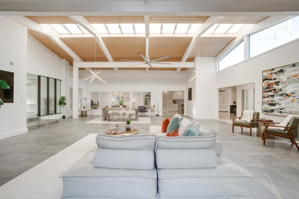 The light-filled space with clerestory windows and sky lights at 3401 Dorothy Lane.