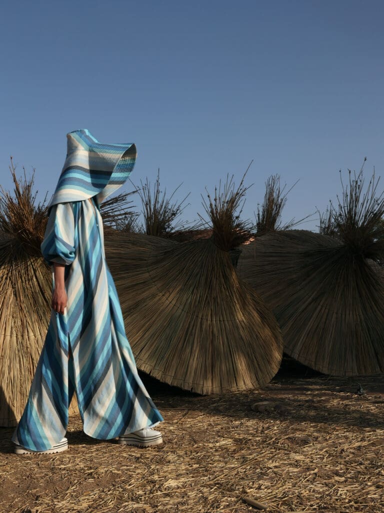 Pamela hat and Touareg dress, handwoven by artisans in the Marrakshi Life atelier. (Photo by Randall Bachner for Marrakshi life) 