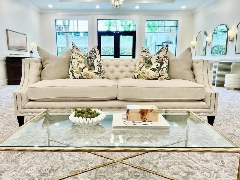 The seating in the ladies lounge at The Woodlands Country Club used to be dark and unwelcoming. Fresh new lighter carpeting was a big part of the makeover.