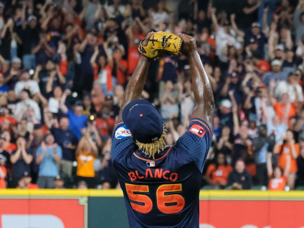 Houston Astros fifth starter Ronel Blanco lifted his glove to the sky after throwing a no hitter for the Astros' first win of the seaosn. (Photo by F. Carter Smith)