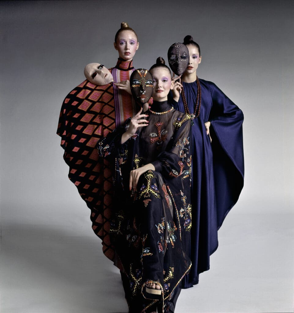 Three models in Marc Bohan for Dior, 1971. (Photo by Neal Barr)