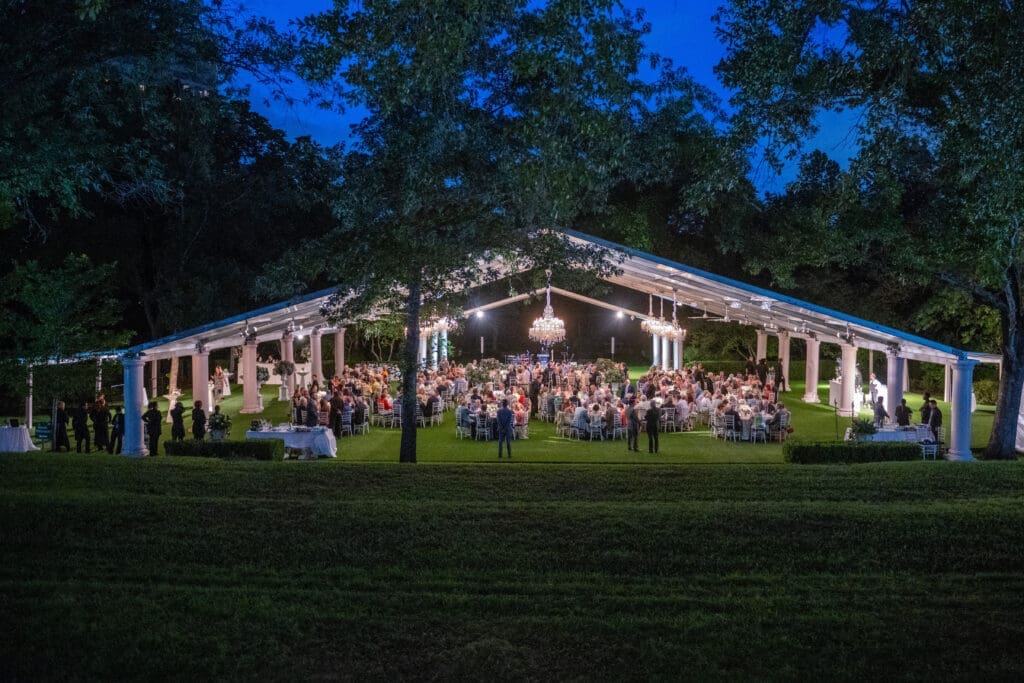 For the 2024 Bayou Bend Garden Party, the vas tent was dressed in crystal chandeliers. (Photo by Jenny Antill) 