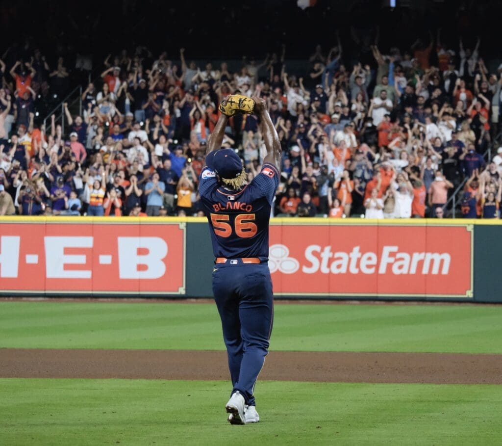 Ronel Blanco celebrated his historic Houston Astros no hitter like he celebrates after getting out of any inning. By looking to the sky. (Photo by F. Carter Smith)
