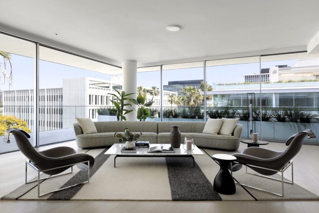 The Nina Magon/BeDesign Balmain installation in Beverly Hills: Maxalto Lilum sofa, B&B Mart armchairs, B&B diesis low table and Maxalto Crio rug (Photo by Ryan Lahiff)