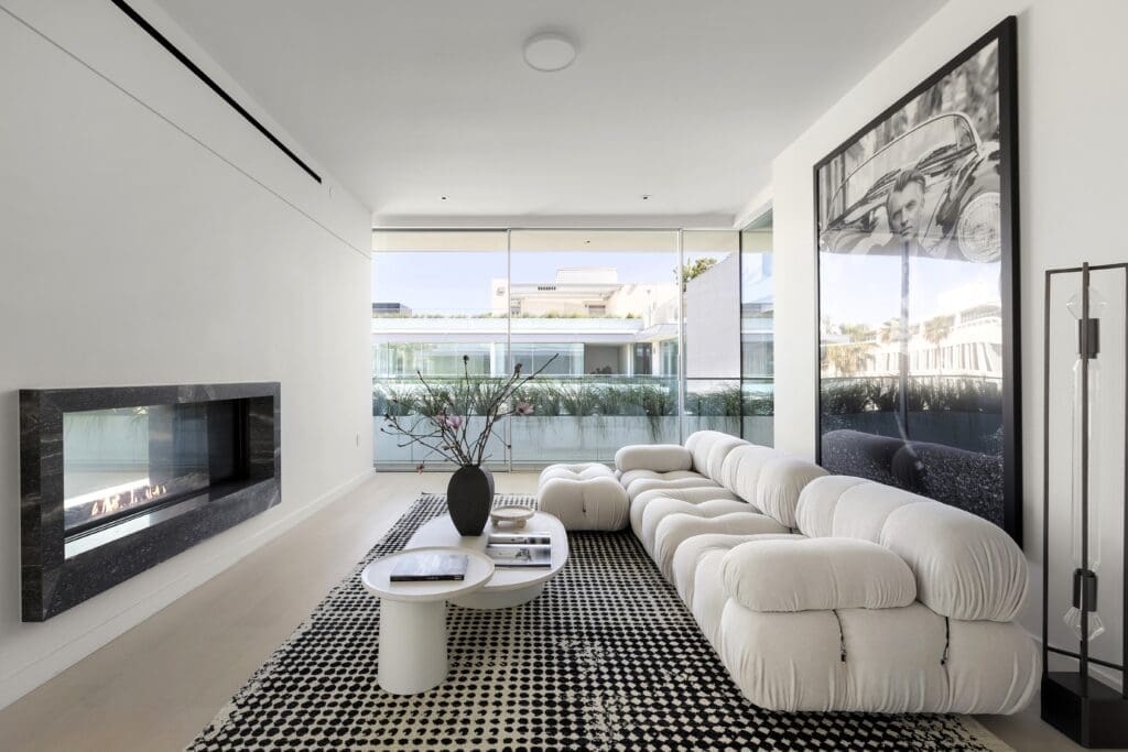The Nina Magon/BeDesign Balmain installation in Beverly Hills: B&B Camaleonda sofa, Molteni Louisa coffee table, Baxter Scarlet Pois rug (Photo by Ryan Lahiff)