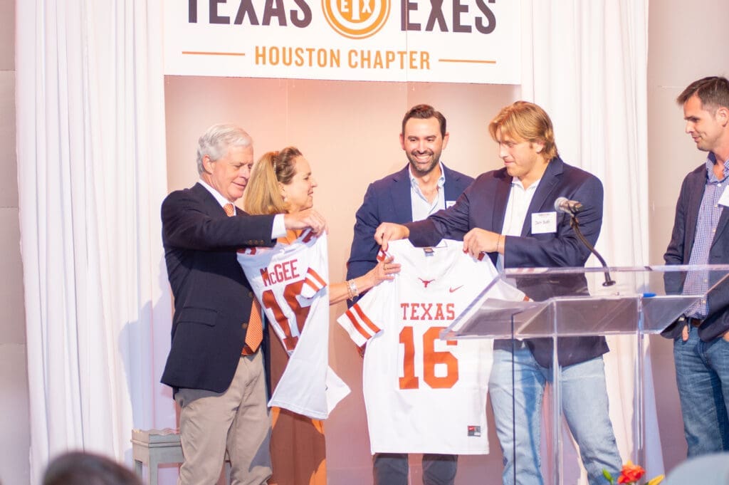 Honorees Skip & Susie McGee, Justin Moore, Jett Bush, Dallas Griffin at the Texas Exes Longhorn Legacy Scholarship Gala (Photo by Jacob Power)