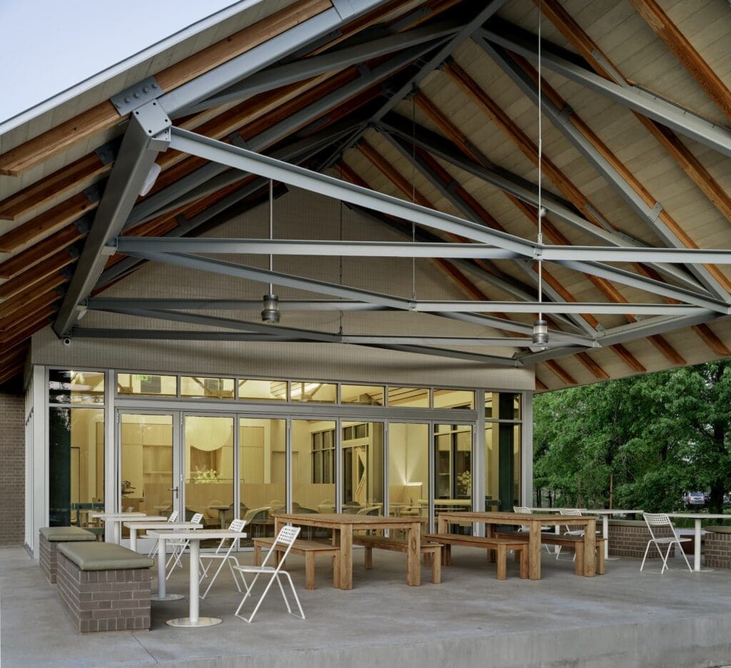 The new Memorial Park Vibrant Cafe's newest location features an outdoor porch for dining that's shaded by a 30-foot cantilevered roof. (Photo by Leonid Furmansky)