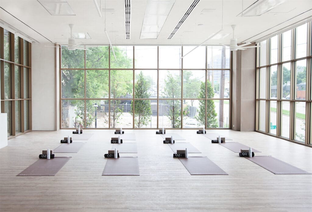The O2 Dallas yoga room will host a heated power flow class, a heated sculpt class, and a mat Pilates class, in addition to sound baths and meditation sessions. (Photo by Brooke Casillas)