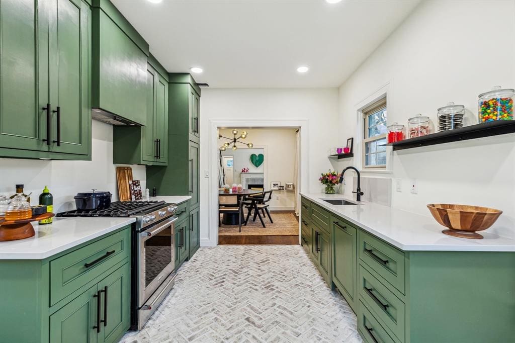 Herringbone-laid brick lines the kitchen. 