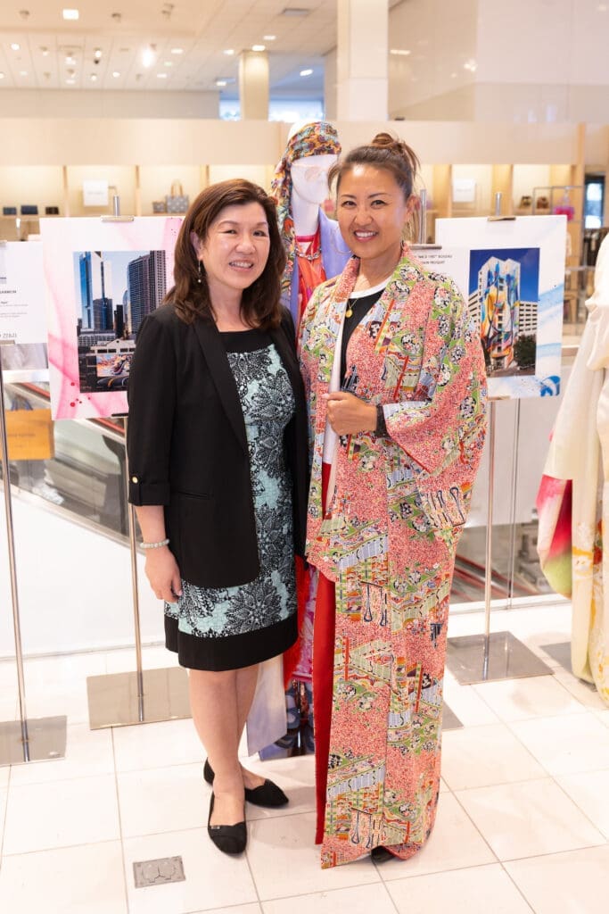 Barbara Joe, Vivienne Kwon at Kimono Zulu fashion exhibition at Neiman Marcus (Photo by Wilson Parish)