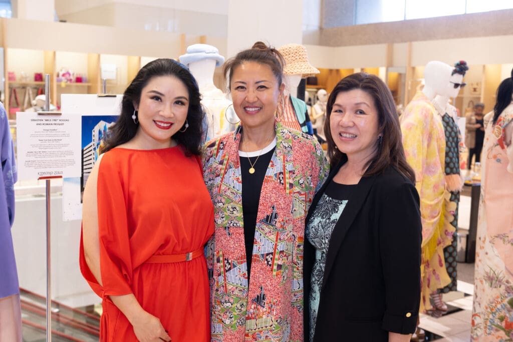 Christina Zhou, Vivienne Kwon, Barbara Joe at Kimono Zulu fashion exhibition at Neiman Marcus (Photo by Wilson Parish