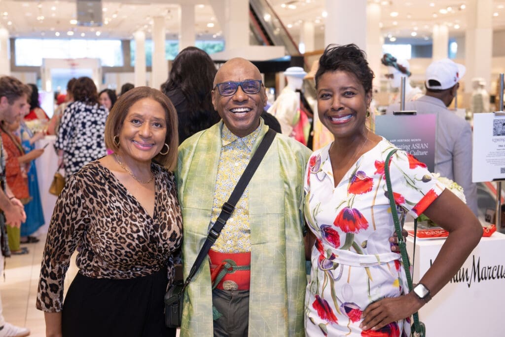 Marilyn Callahan, Selven O'Keef Jarmon, Rashena Franklin at Kimono Zulu fashion exhibition at Neiman Marcus (Photo by Wilson Parish)