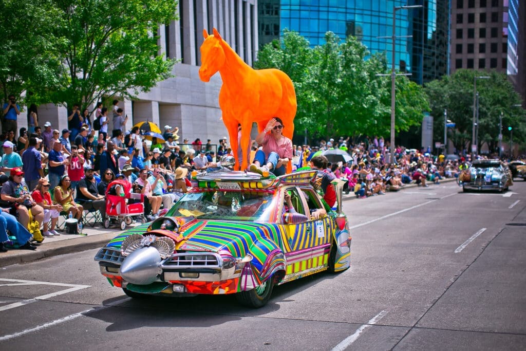 David Best's Orange Horse certainly turned heads at Houston's Art Car Parade. (Photo by Morris Malakoff) 