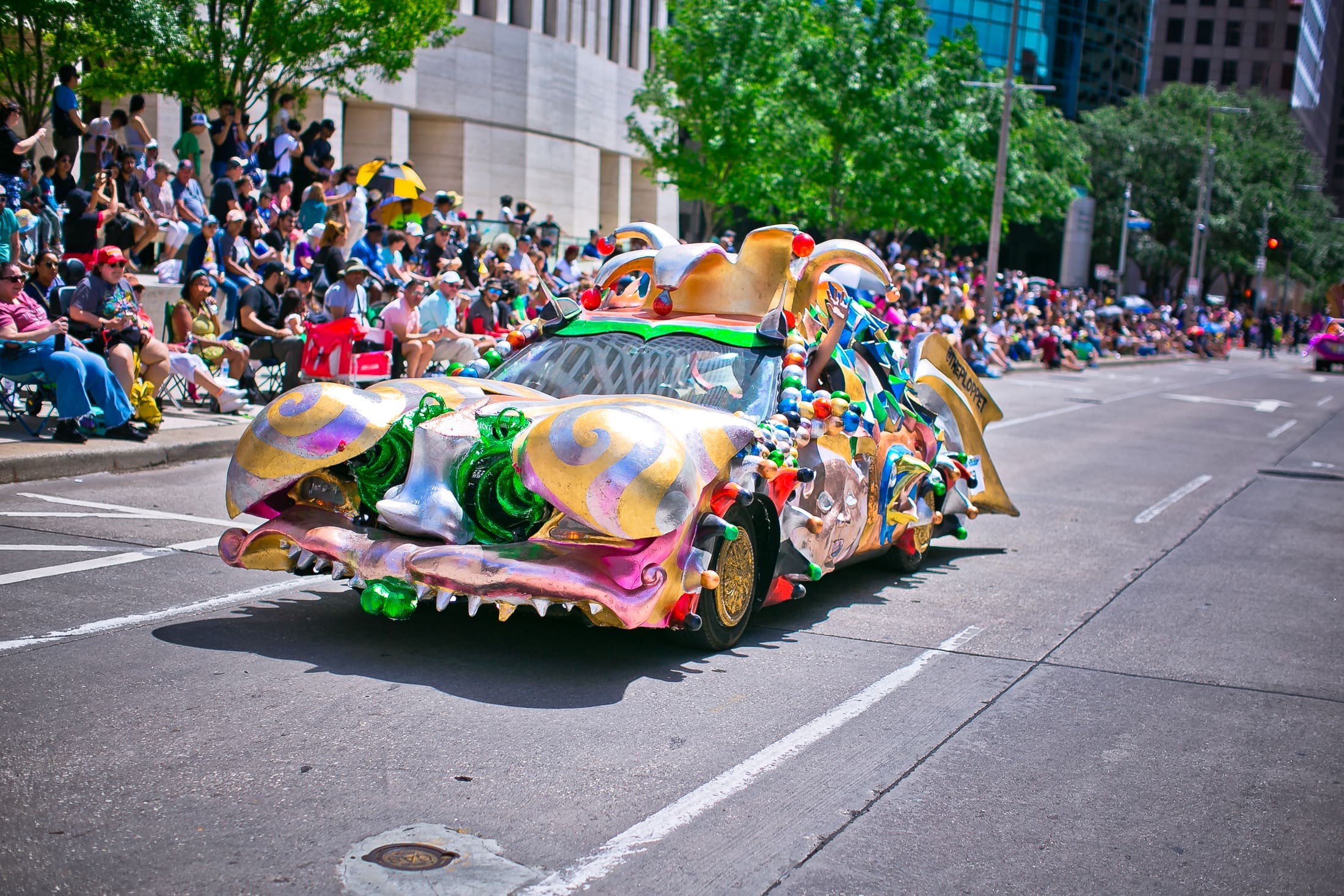 Claire & Kyle Johnson's <em>The Ploppet</em> made an impression at the Orange Show Art Car Parade (Photo by Morris Malakoff)