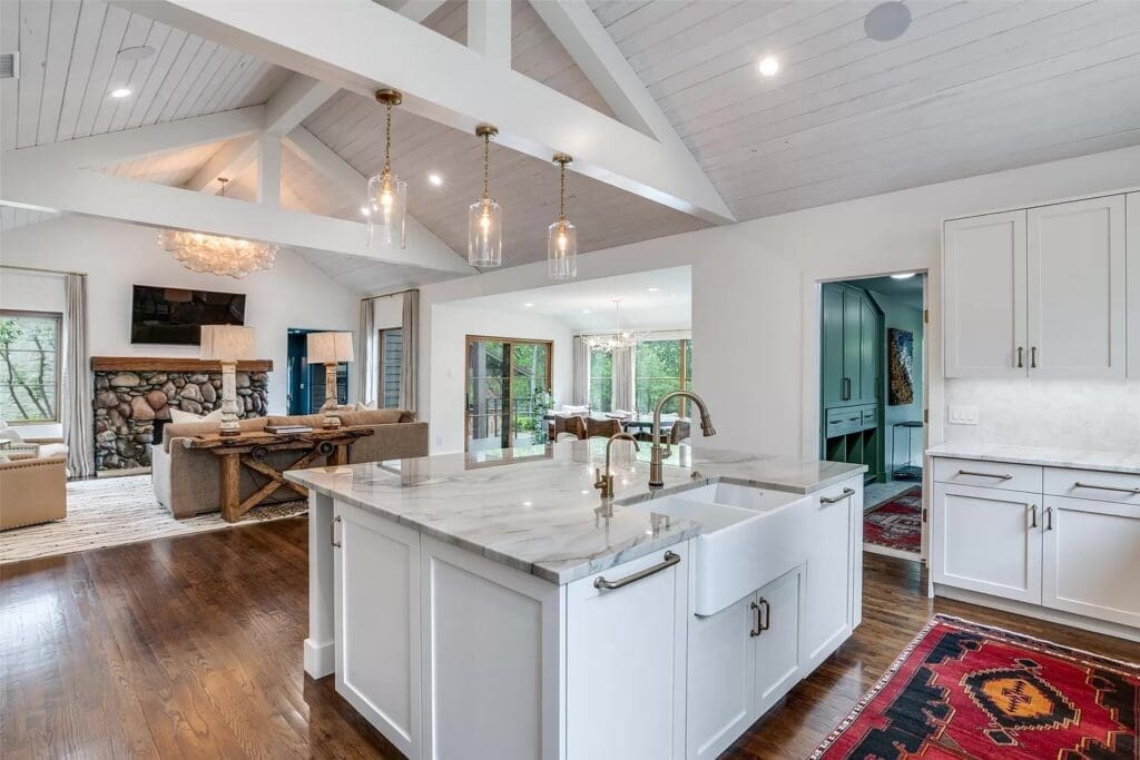The updated kitchen's massive island.