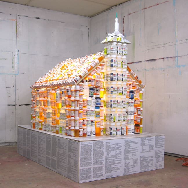 Jeremiah Johnson crafted "House of Worship," 2014, from prescription pill bottles, wood, and wire