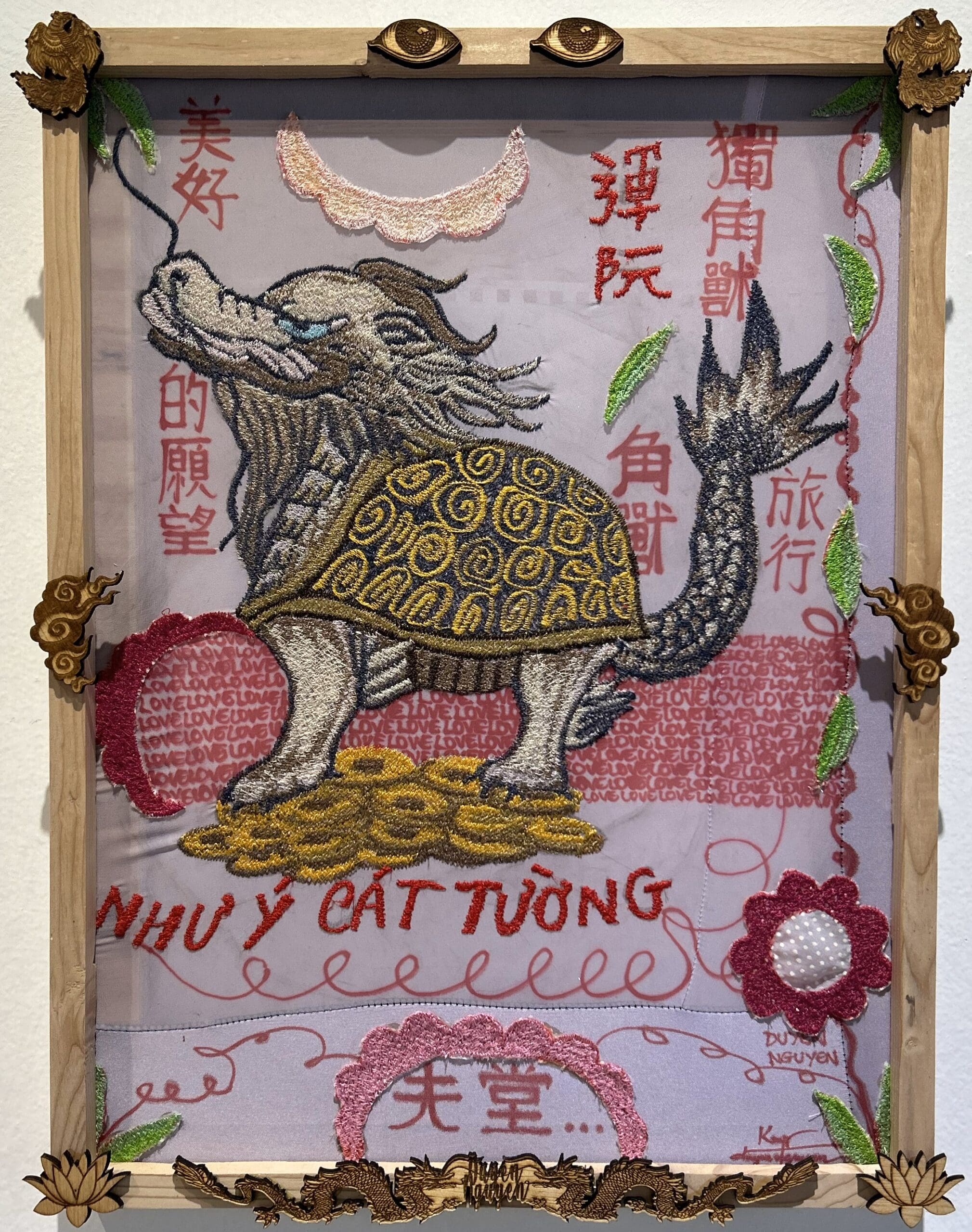 Duyen Nguyen hand embroidered "Dragon Turtle," 2022, stitching folklore into the fabric.