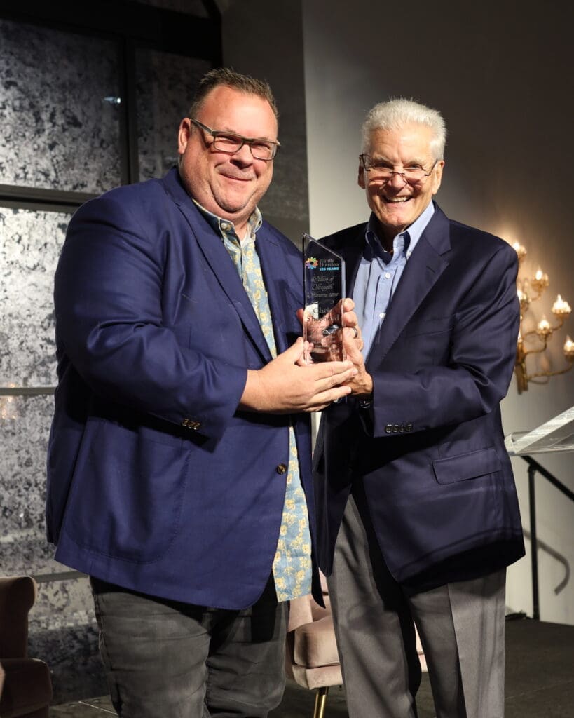 Honoree Chef Chris Shepherd with retired Houston Rockets announcer Bill Worrell Jr. at the Family Houston luncheon