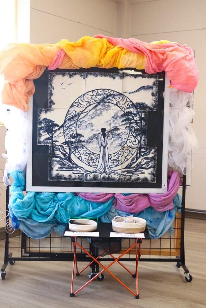 M E Klesse's "Dream Weaver" charcoal polyptych meditates on freedom of choice. (Photo by J.P. Zenturo)