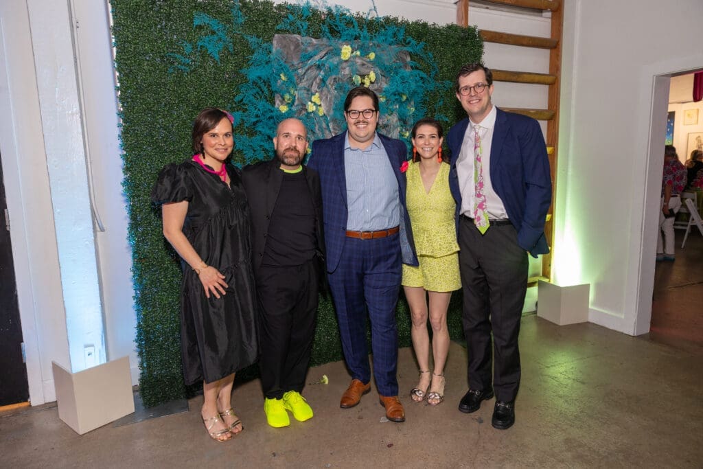 Gala chairs and Glasstire's publisher Sarah Labowitz, Peter Molick, Brandon Zech, Julia Harris, Dalton Harris at the 2024 Glasstire Party and Auction (Photo by Jenny Antill)