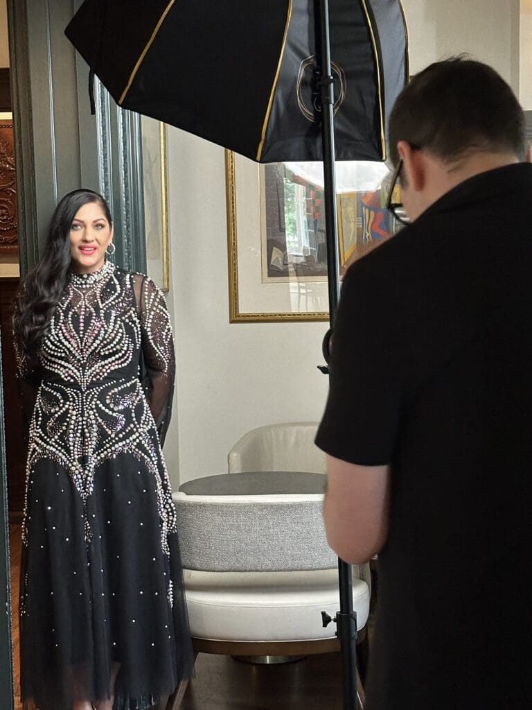 Dr. Sippi Khurana wearing Bibhu Mohapatra for the PaperCity Philanthropy in Fashion  Houston Best Dressed photo shoot at La Colombe d'Or. (Photo by Shelby Hodge)