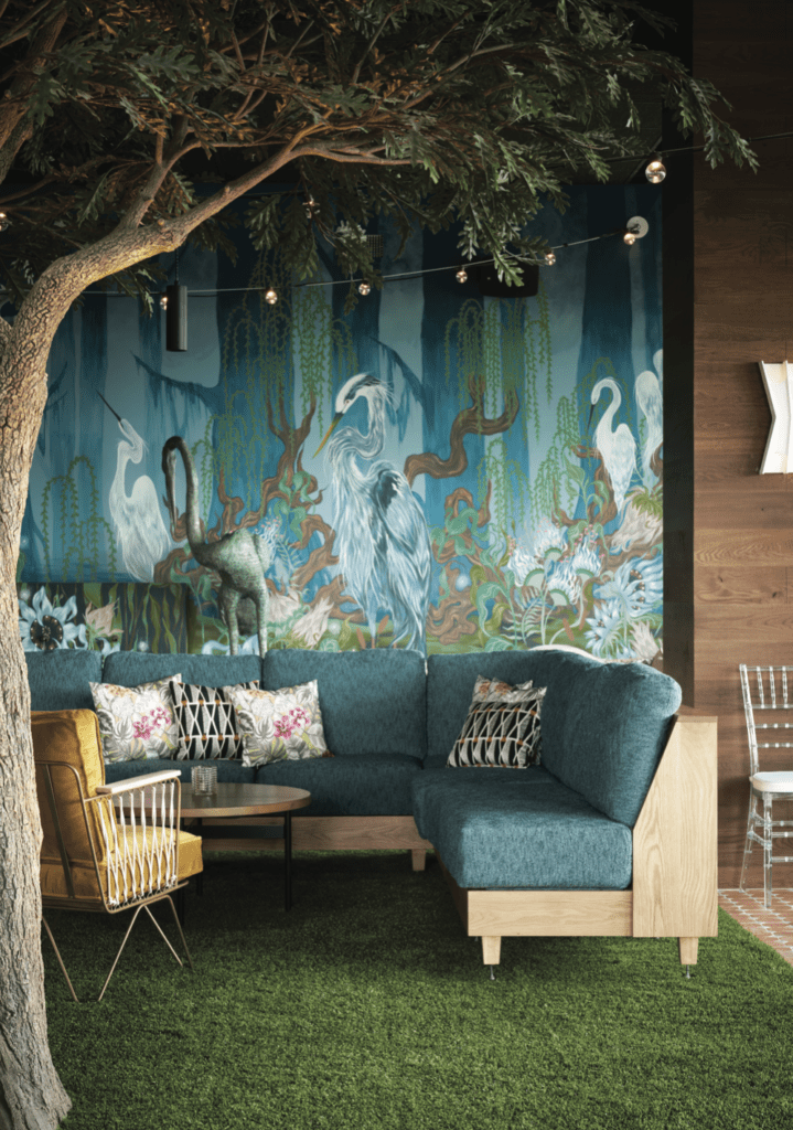 Texas artist Jessica Rice created a mural with cranes, the Park House signature bird, for The Garden. (Photography by Pär Bengtsson)  (Photo by Pär Bengtsson and Michelle Aviña)