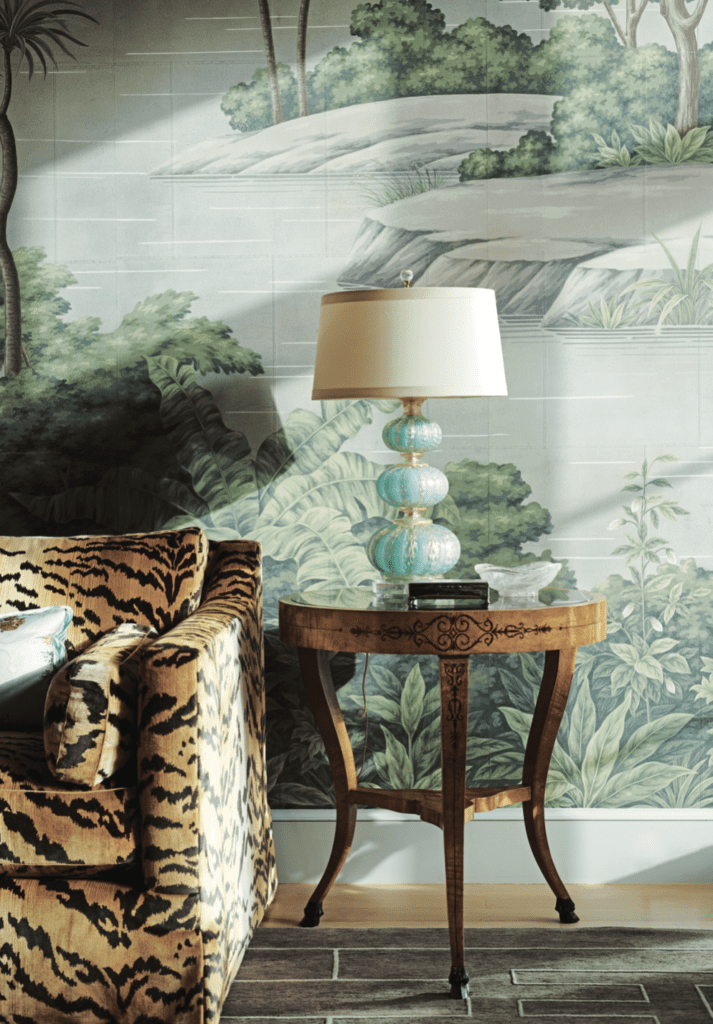 Custom sofa in Nobilis tiger velvet. Venetian glass lamp from John Gregory Studios.  (Photo by Richard Powers)