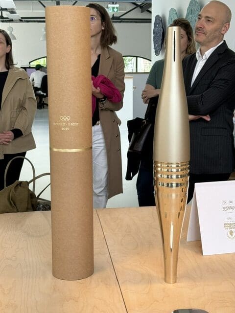 The 2024 Paris Summer Olympics torch, designed by Mathieu Lehanneur, sits on display in his workshop at The Factory. (Photo by Donatella Benckenstein)
