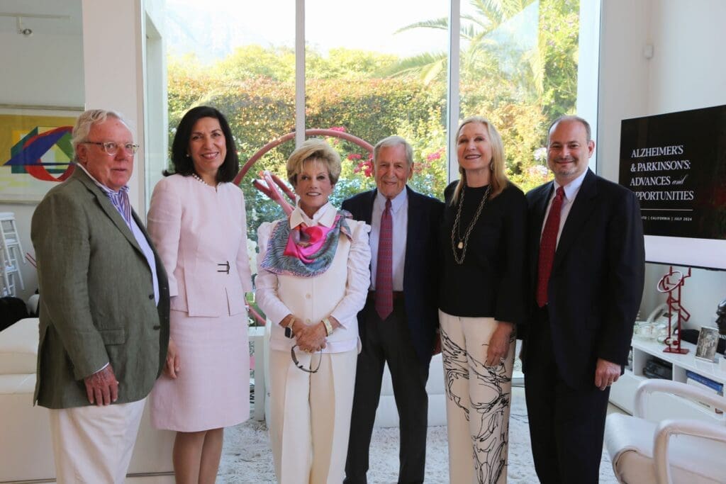 Mike Linn; Dr. Huda Zoghbi; Ilene H. Nagel,PhD ; Rick Montgomery; Carol Linn, Dr. Joshua Shulman at Texas Children's Duncan NRI cocktail reception and program in a private home in Montecito, California.  (Photo by Darcie Roberts)