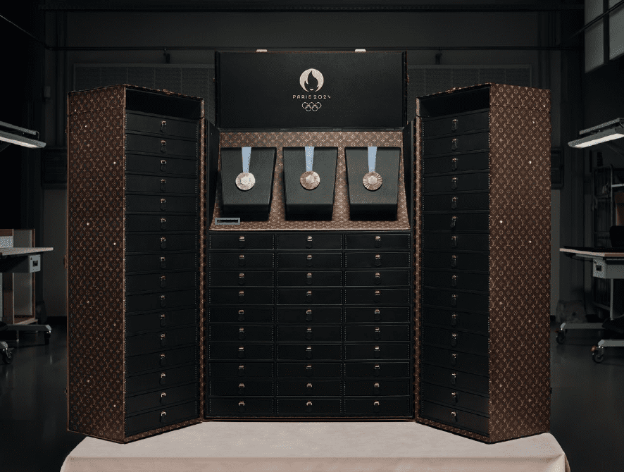 The Louis Vuitton Olympics medal trunks elegantly protect and display the Paris 2024 Olympics and Paralympic medals.