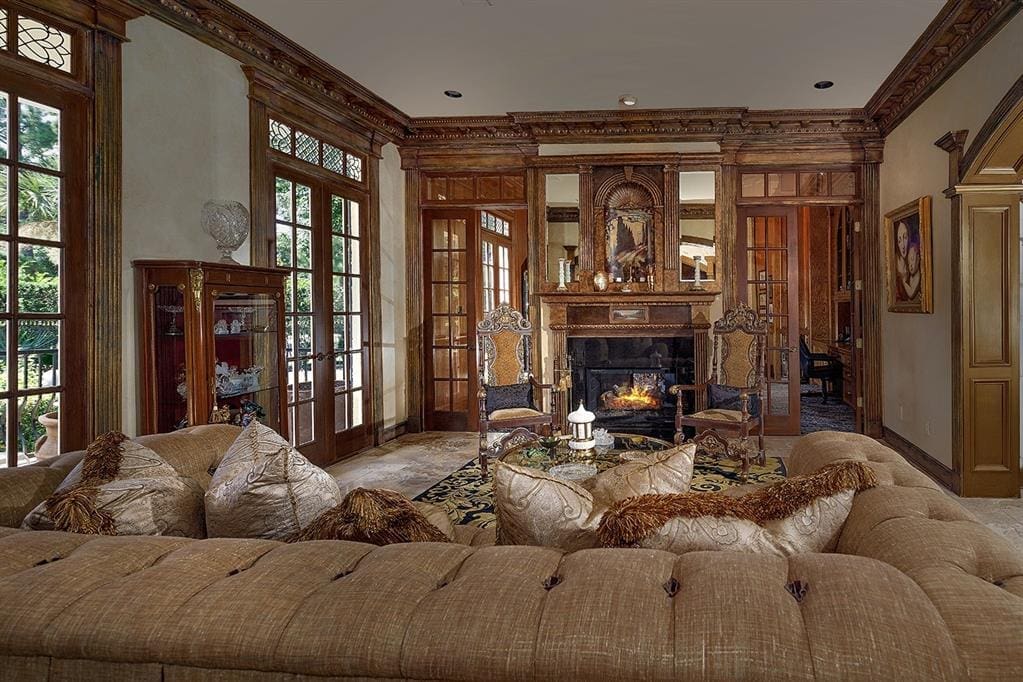 The interior decor is bursting with grandeur, with a fireplace imported from Italy. 
