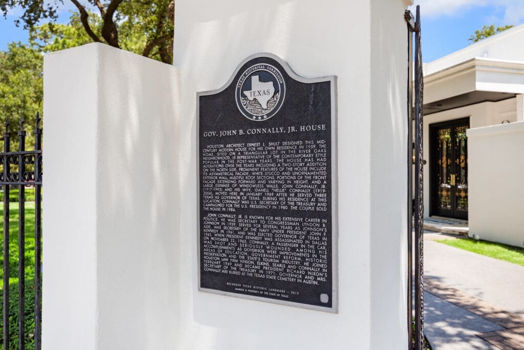 The former River Oaks home of Gov. John B. Connally Jr. bears a state historical marker. (Photo by TK Images for Compass)